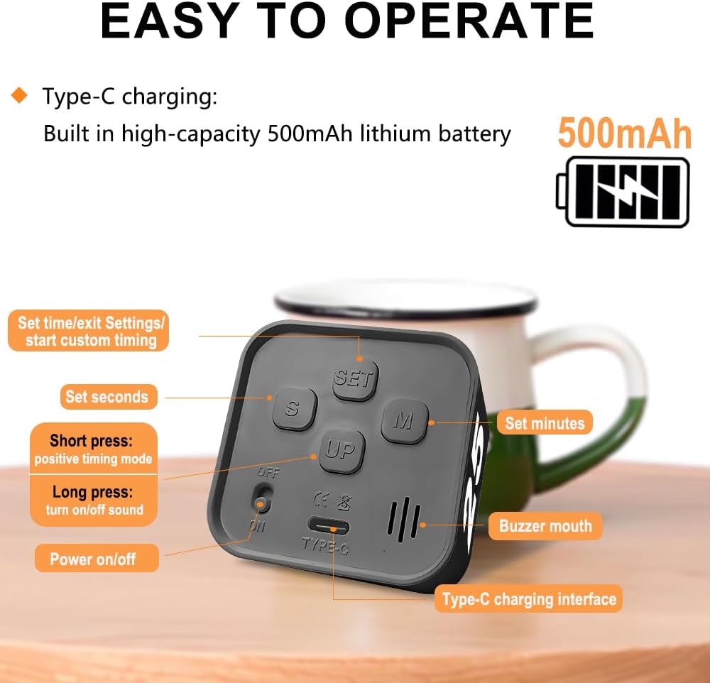 Visual Rotating Timer with 5, 10, 25 50 Minutes Preset, Desk Cube Count Down/up Timer, Rechargeable Custom-time Mute/Sound, Ideal for ADHD Work Learning Kitchen, Black