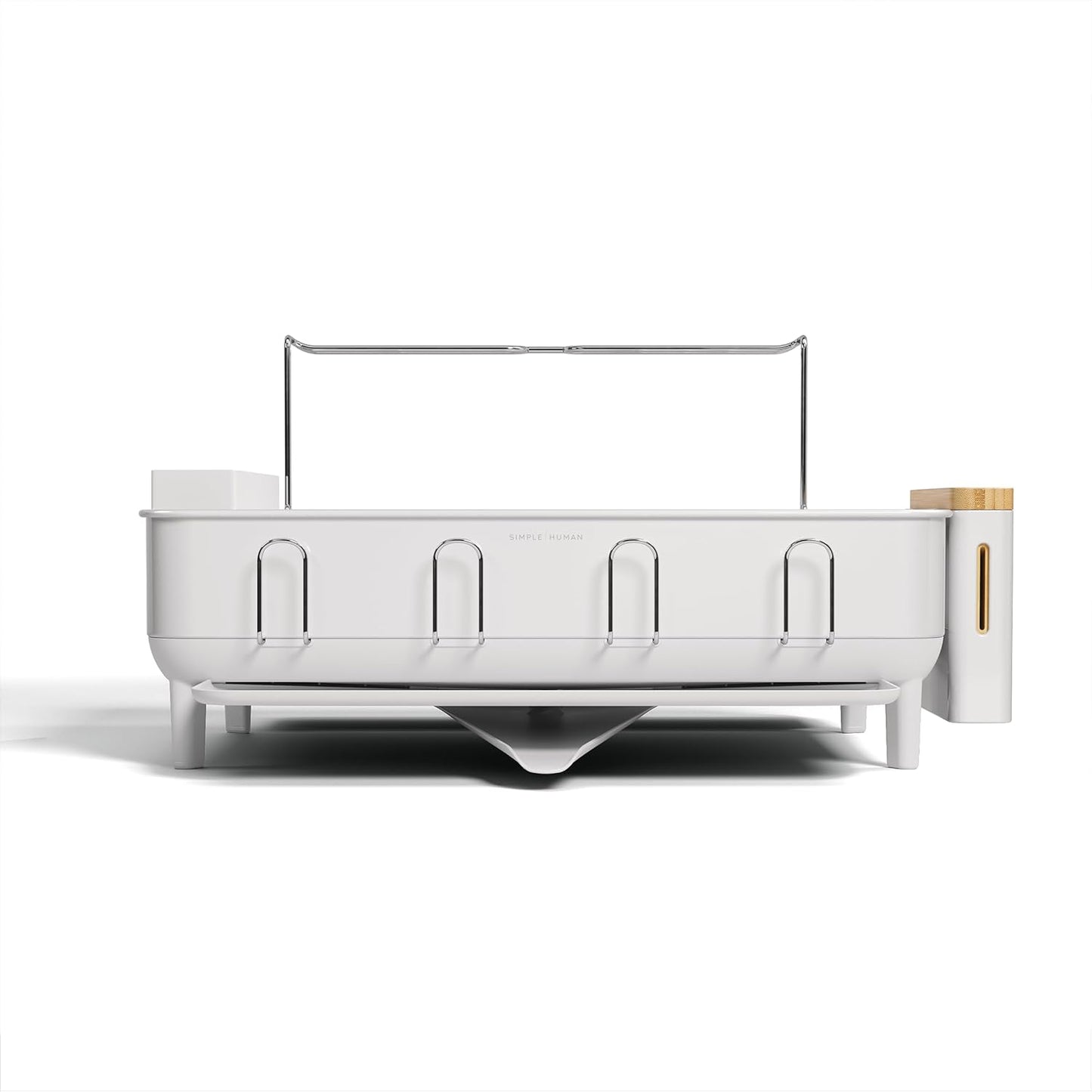 simplehuman Large Capacity Dish Drying Rack with Stainless Steel Frame, 360º Easy Drain Swivel Spout, Utensil & Wine Glass Holder, Anti-Residue Coating, Moisture Control Surface, White