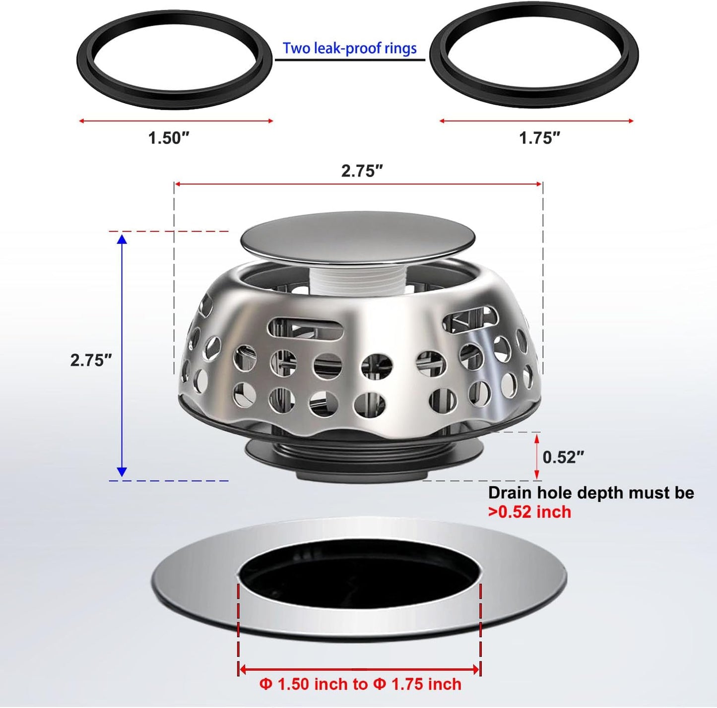 Bathtub Drain Stopper, Pop Up Tub Stopper with Strainer, Shower Drain Hair Catcher, Bath Tub Plug for 1.50"-1.75" Bath Drain Hole