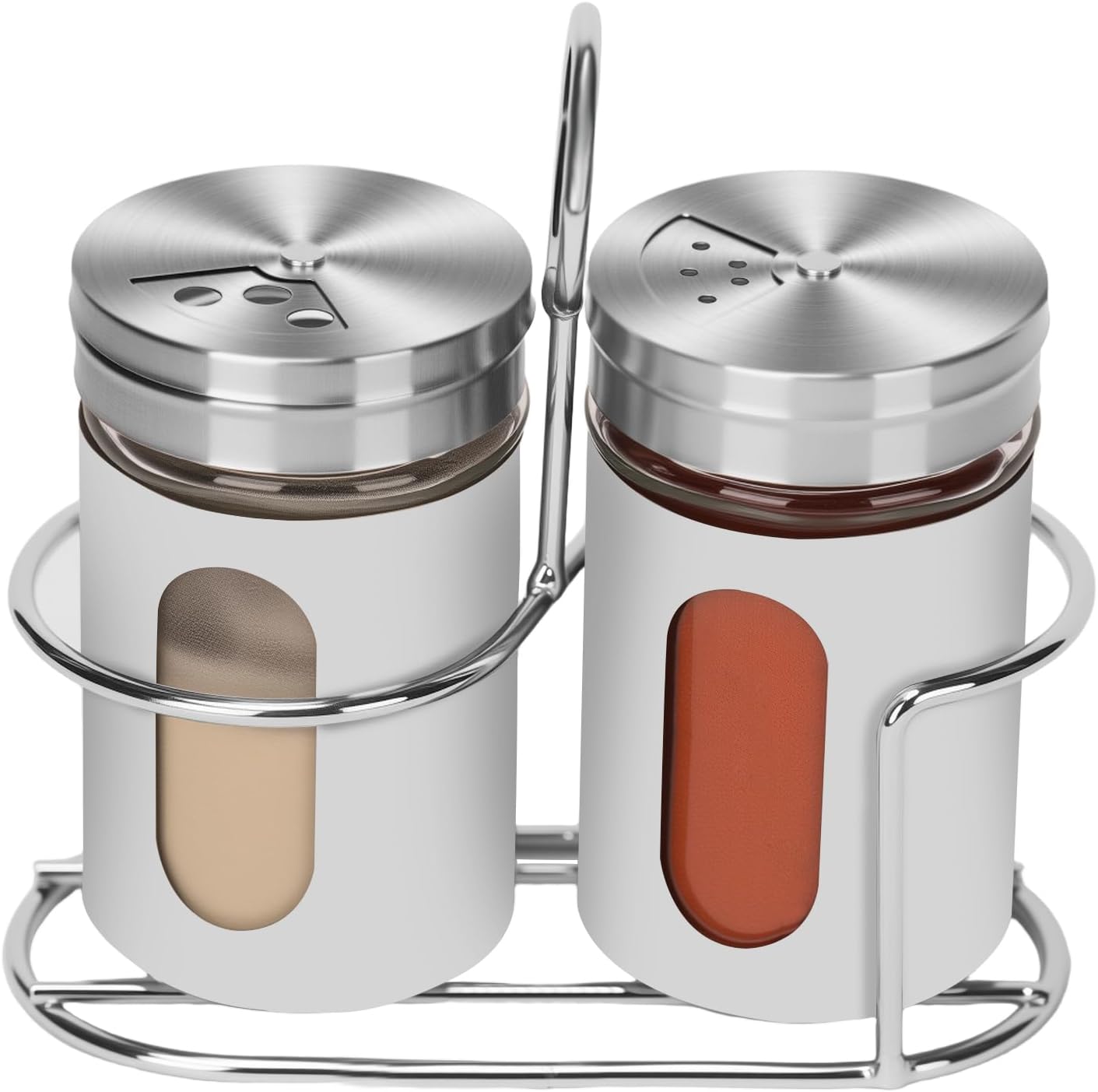 Glass Salt and Pepper Shaker Set with Seasoning Rack, Spice Rack, Adjustable Pour Hole Stainless Steel Lid, 2.8 oz, Spice Dispenser for Salt, Pepper, Spice Preservation (white)