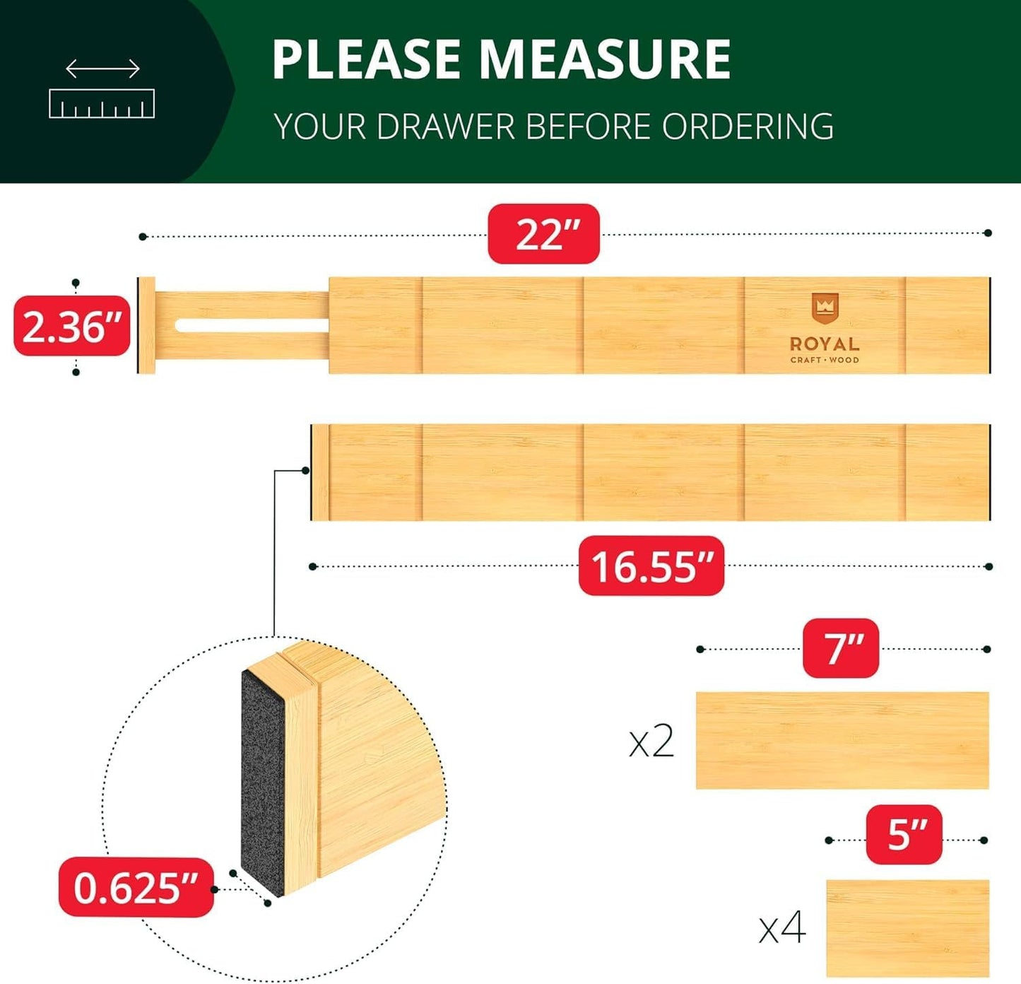 ROYAL CRAFT WOOD Adjustable Bamboo Drawer Dividers Organizers (17-21.5") with Inserts - Expandable Drawer Organization Separators for Kitchen Utensils, Clothes, 4-Pack