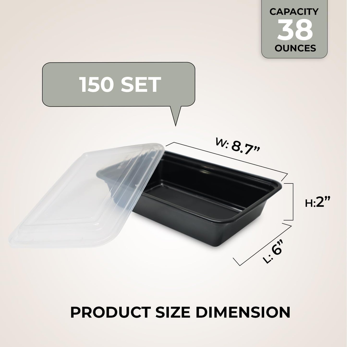 Klex 38 Oz, 150 Sets Meal Prep Containers with Airtight Lids, BPA Free, Reusable Plastic Food Container, 38 oz, Rectangular, Black/Clear, 150 Sets