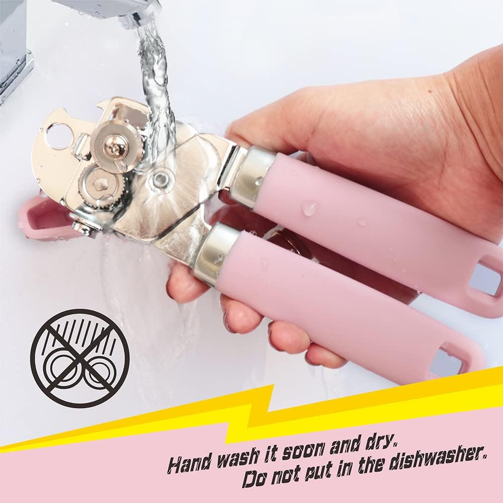 PrinChef Can Opener Manual, Can Tin Bottle Opener with Magnet - No-Trouble-Lid-Lift, Handheld Can Opener Smooth Edge with Sharp Blade, Heavy Duty and Easy to Use, for Seniors with Arthritis, Pink