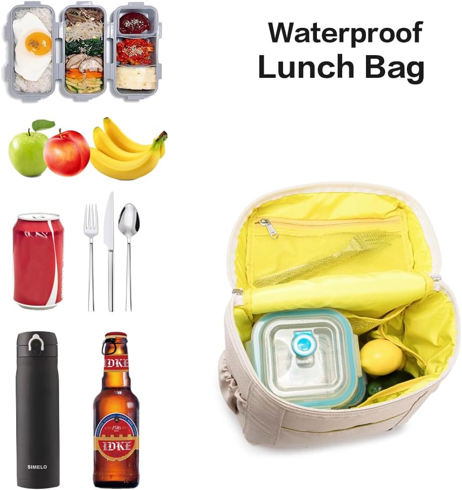 NOL Natural Organic Lifestyle Insulated Lunch Bags for Women Cooler Bag Lightweight Nylon Waterproof Lunch Box For Work (Cream, Large)