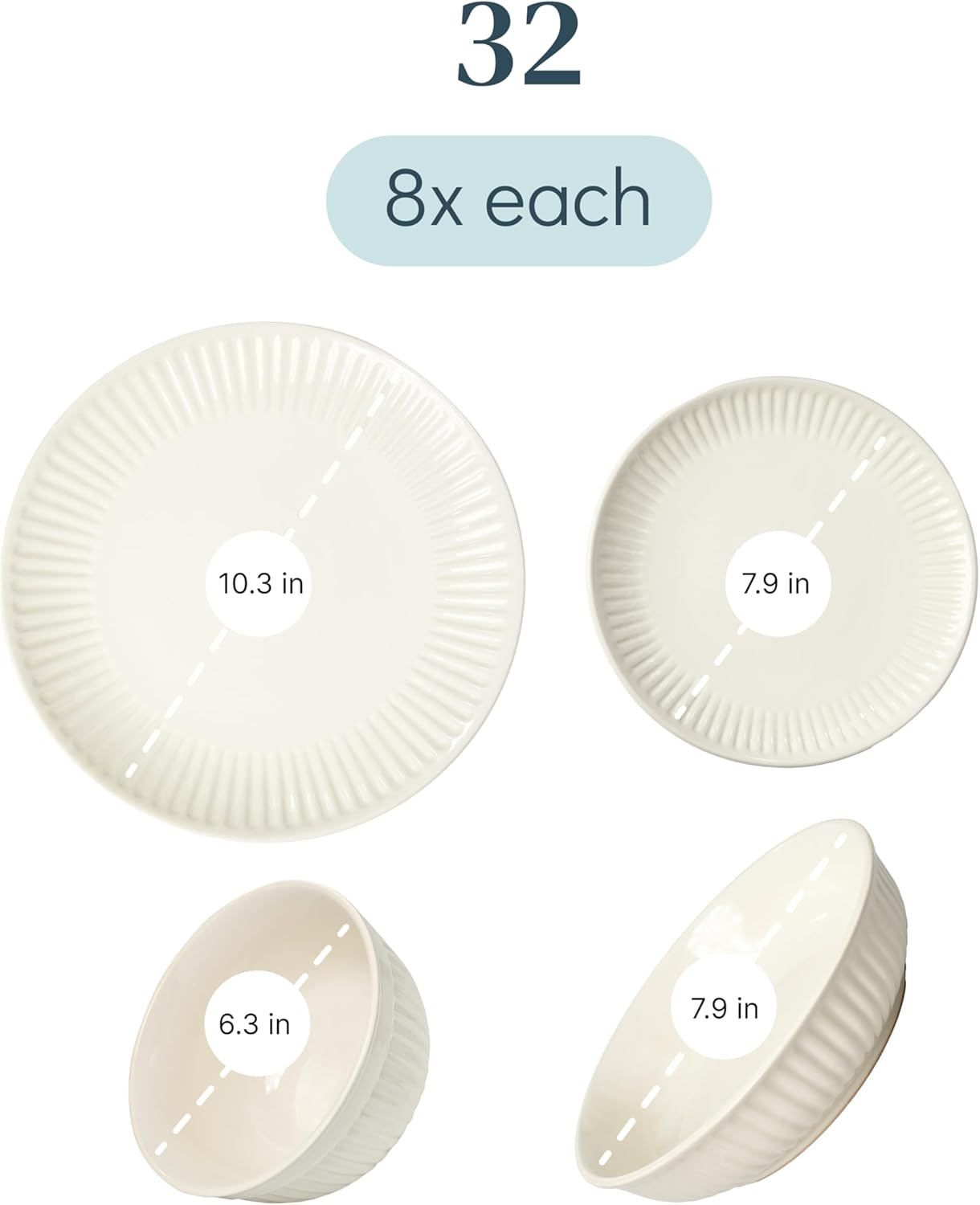 Stoneware Dinnerware Set for 8 People HYGGE 32-Piece - Elegant Scandi Design - Premium Dish Set - Bowl and Plate Set - Tableware for 8 People in a Ribbed Design - Pure Living in Beige