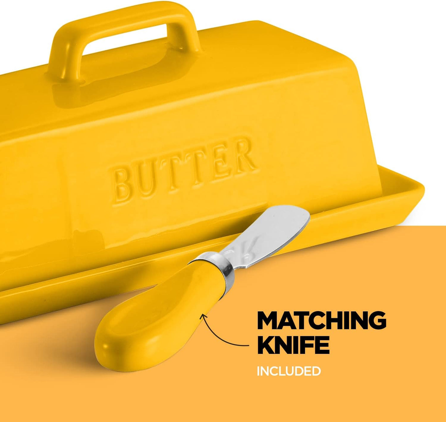 Ceramic Butter Dish Set with Lid and Knife - [Yellow]- Decorative Butter Stick Holder with Handle for 1 Stick of Butter - Microwave Safe, Dishwasher Safe - Anti-Scratch Stickers Included