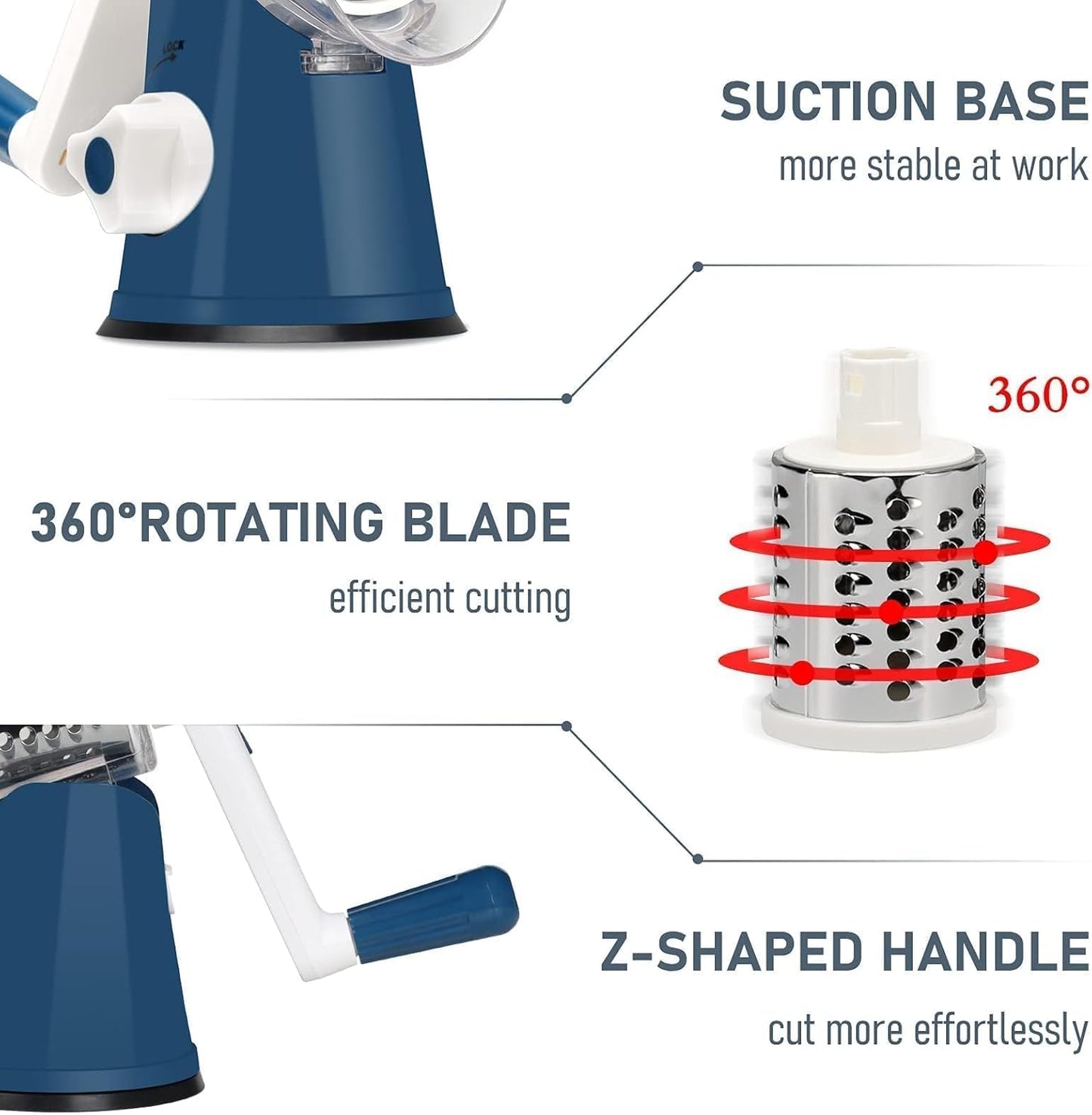 KEOUKE Rotary Cheese Grater with Handle - 3 Changeable Blades for Cheese, Vegetables, Nuts - Blue