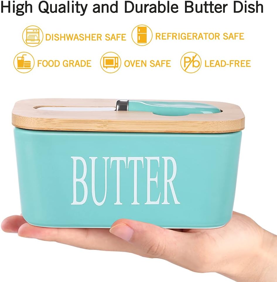 Ceramic Butter Dish with Wooden Lid, Large Butters Container Keeper Storage with Stainless Steel Knife Spreader, Bamboo Cover and Silicone Sealing Ring for West East Coast, Aqua