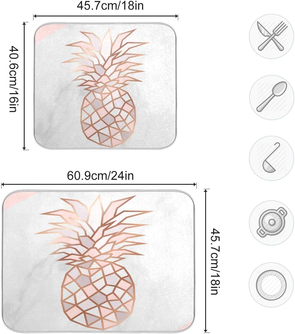 Super Absorbent Dish Drying Mat, Microfiber Fast-Drying Dish Mat, 24" x 18", Kitchen Dish Drying Pad, Rose Gold Pineapple On Pink And White Marble