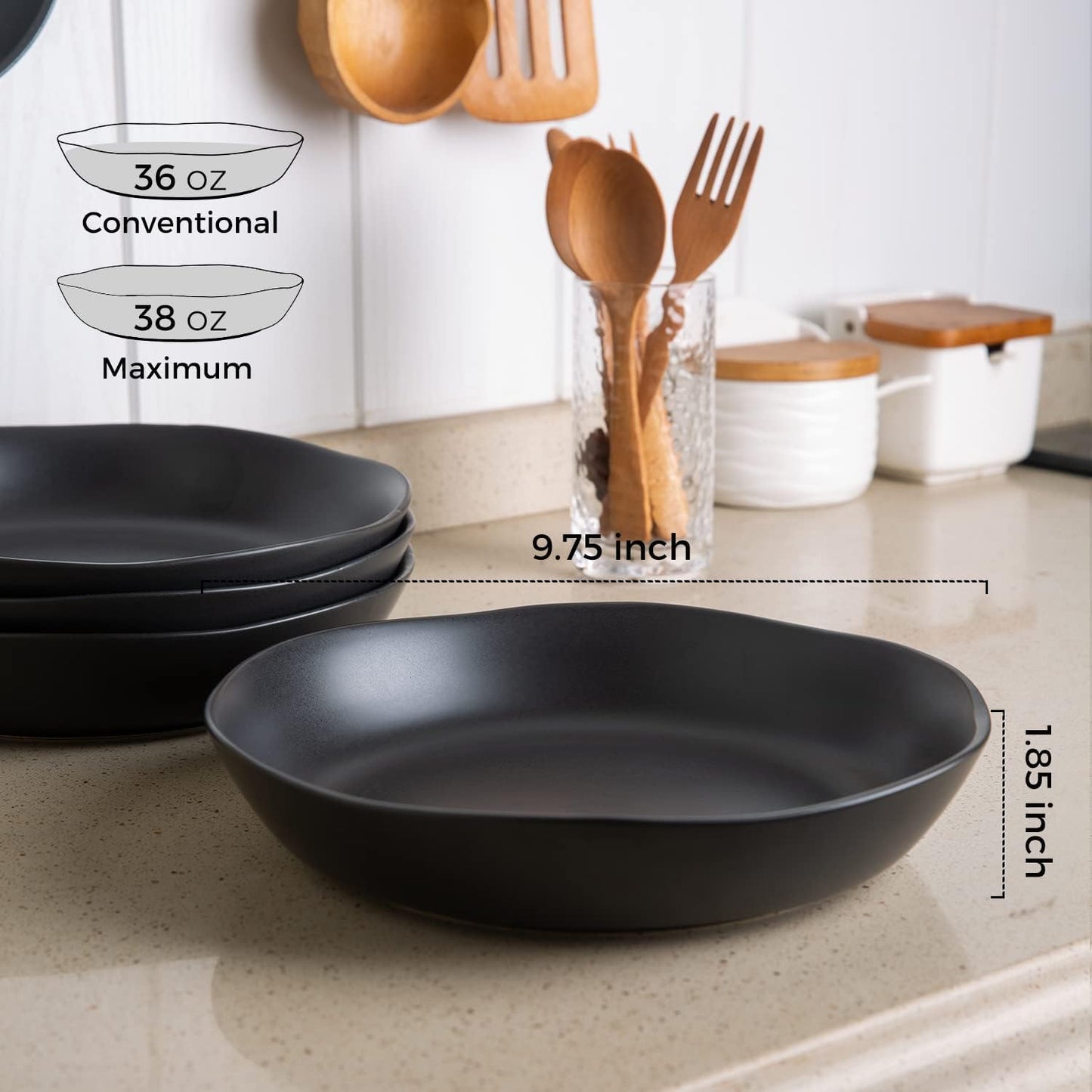 AmorArc 9.75'' Large Ceramic Pasta Bowls, 38oz Stoneware Wide Serving Bowls Set of 6 for Kitchen, Oven, Microwave&Dishwasher Safe Bowls with Wavy Rim for Fruit Pasta Salad Meal, Matte Black