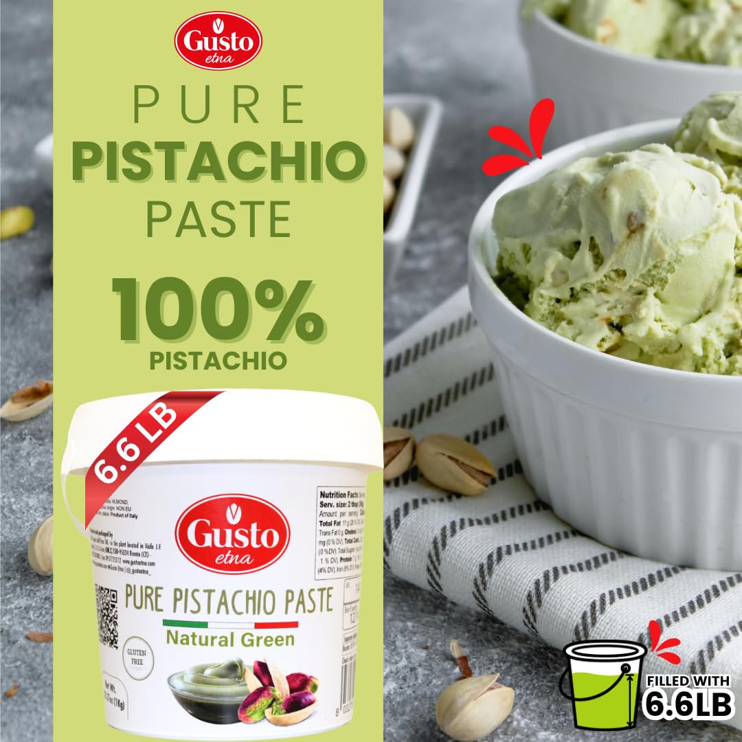 Gusto Etna 100% Pure Pistachio Paste – 3kg / 6.6 lb Bulk Tub – Unsweetened Italian Pistachio Butter, No Sugar, No Artificial Colors – Premium Nut Spread for Baking & Pastry – Product of Sicily