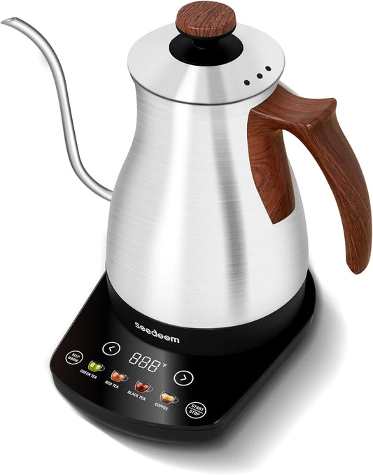 SEEDEEM Gooseneck Electric Kettle Full Touch Screen 1200W Electric Tea & Coffee Kettle with Four Heating Modes Rapid Heating,±1℉ Temperature Control，Keep Warm Mode,1L Electric kettle