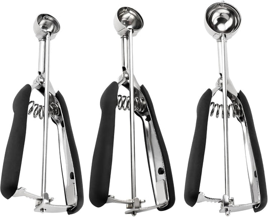 Small Cookie Scoop Set - 3 PCS Include 1 tsp / 2 tsp / 3tsp Cookie Dough Scoops, Cookies Scoops for Baking, Made of 18/8 Stainless Steel, Good Soft Grips, Quick Trigger Release