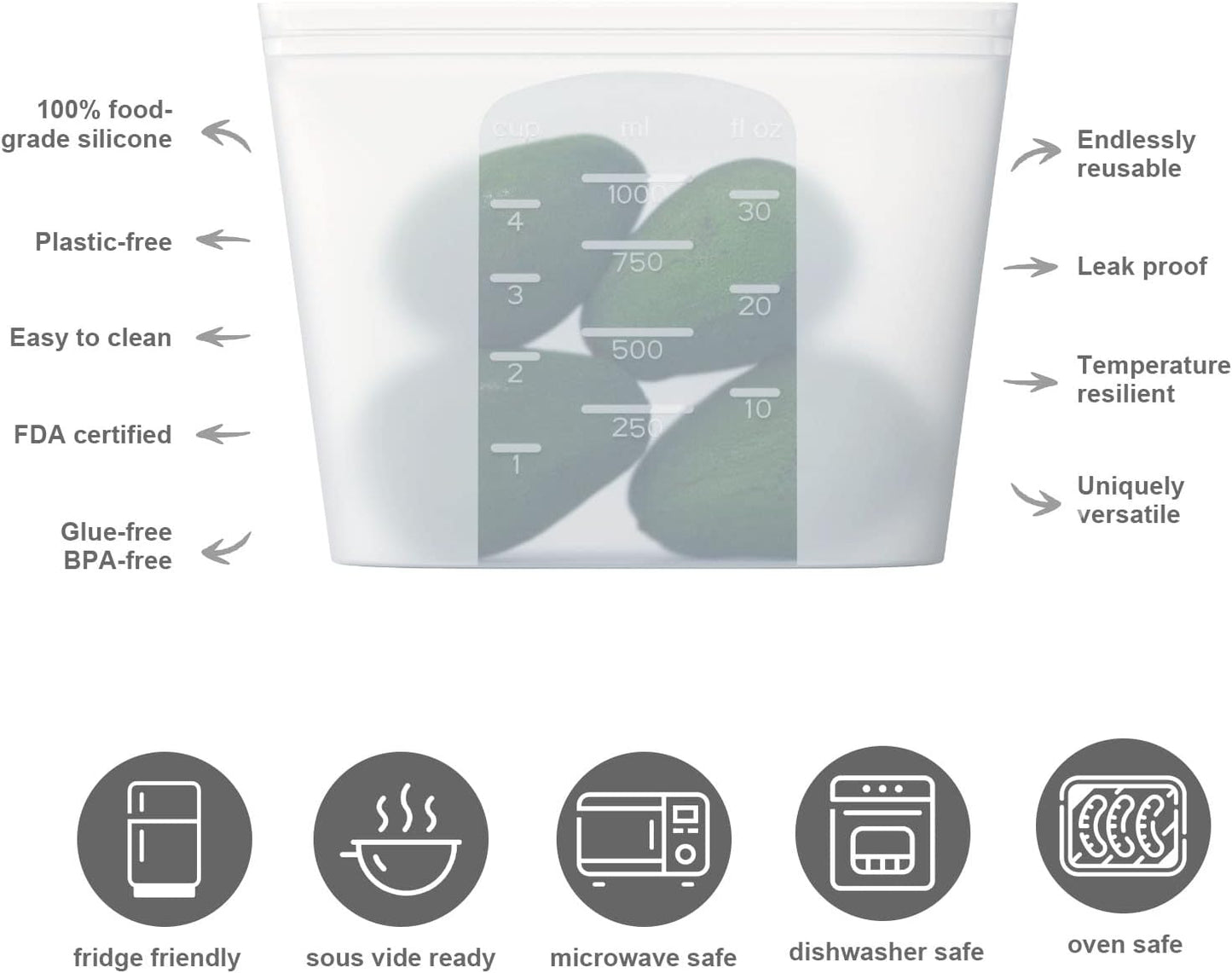 Reusable Silicone Food Storage Bag, for Microwave, Oven, Fridge, Freezer & Sous Vide Zip Sealed Containers (2 Middle size 32oz 1000ml)…