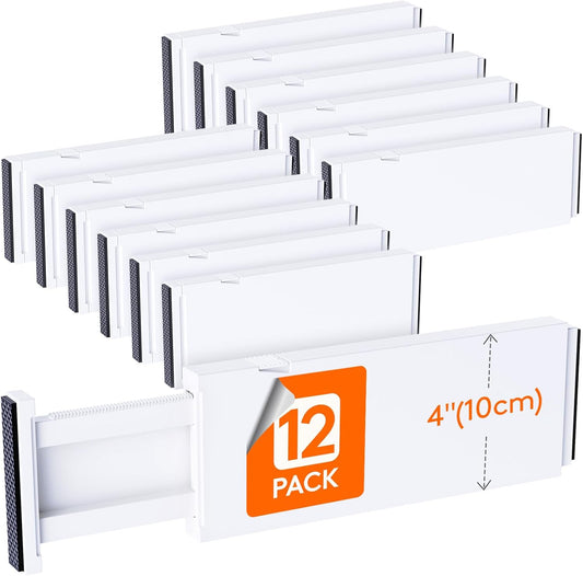 Lifewit 12 Pack Drawer Dividers 4" High,11-17" Adjustable Dresser Drawer Organizers for Clothes, Expandable Dresser Separators in Bedroom/Bathroom/Kitchen/Vanity/Office Organization and Storage, White
