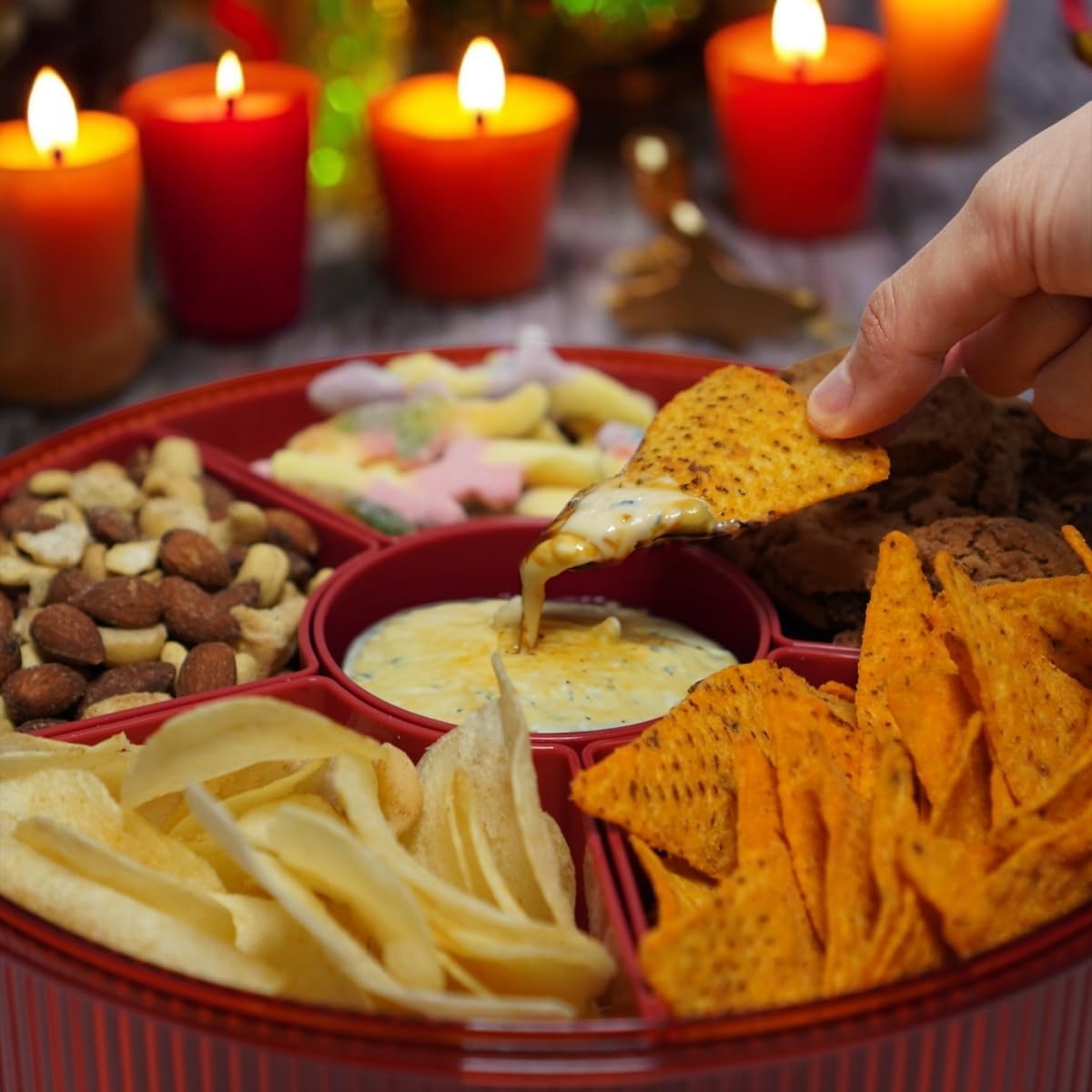 Snackle Box Container, Round Divided Serving Tray with lid 6parts (Red) for Veggie, Candy and Nuts Organizer, Snackle Charcuterie Boxes for Travel, Party and Picnic