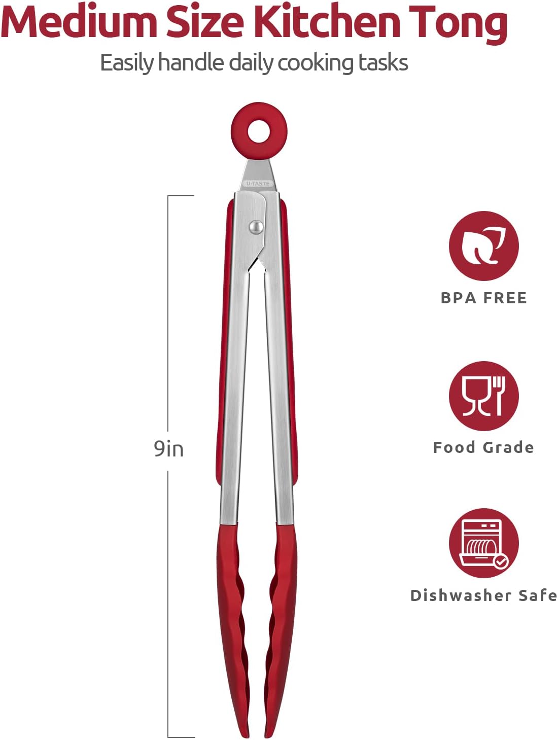 600ºF Heat Resistant Kitchen Tongs: U-Taste 9 inch Silicone Cooking Tong with Firm Sealed Non Stick Rubber Tips & Silicon Coated 18/8 Stainless Steel Handle & Smooth Locking for Serving Salad (Red)
