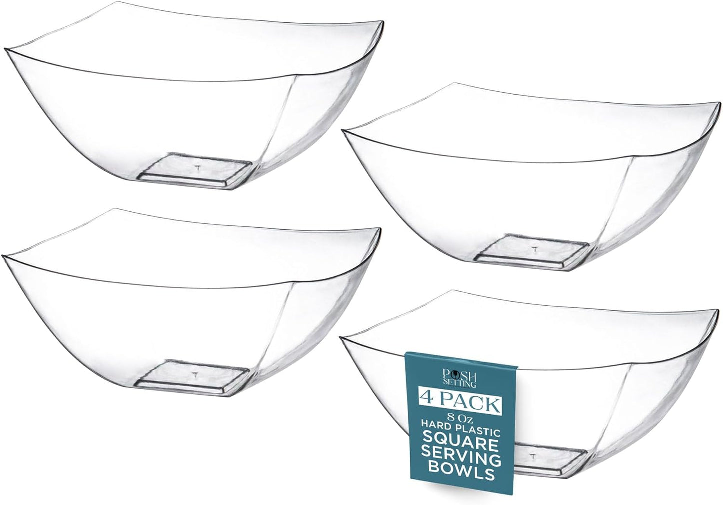 Posh Setting - Clear Plastic Serving Bowls for Party (8oz - 4 Pack) Square, Disposable, Salad & Fruit Bowls for Party Table, Candy Containers for Candy Buffet