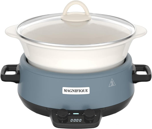 MAGNIFIQUE 5 Quart Programmable Slow Cooker with Auto Warm Setting, Glazed Ceramic Liner, Kitchen Small Appliance for Family Dinners, Blue