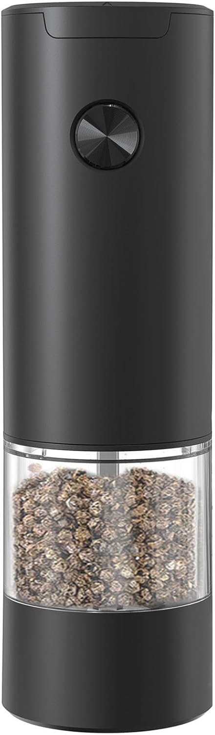 Electric Pepper Grinder or Salt Mill, Battery Operated Automatic Pepper Mill with LED Light, One-handed Operation Button Control, Adjustable Coarseness, Refillable, 70ml, Black (1 Pack)