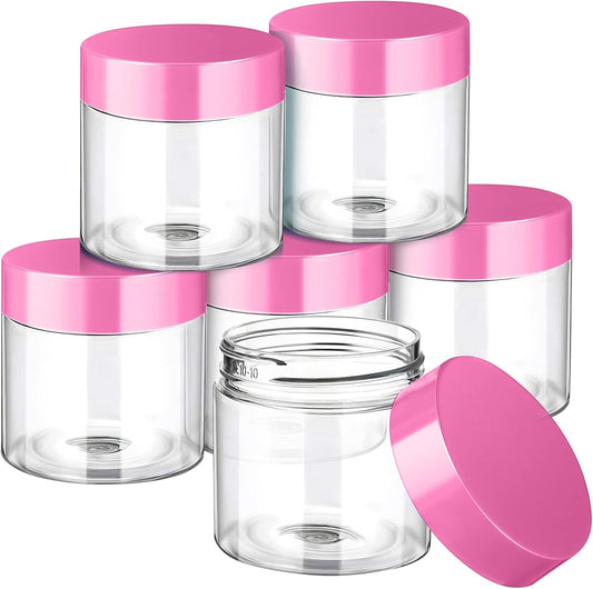 SATINIOR 6 Pack 1 oz Plastic Jars Containers with Lids Wide-mouth Refillable Leakproof Reusable Round Empty Jars for Travel Cosmetic Dry Food Spice Cookie Candy Home Kitchen Organizing(Pink)