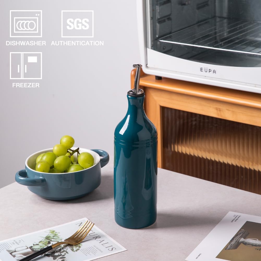 Sweejar Large Ceramic Olive Oil Dispenser Bottle, Opaque Oil Cruet Protects Oil to Reduce Oxidation, Suitable for Storage Oil, Vinegar, Soy Sauce & Other Liquids, Pack of 1, 24 Fl Oz (Teal Green)