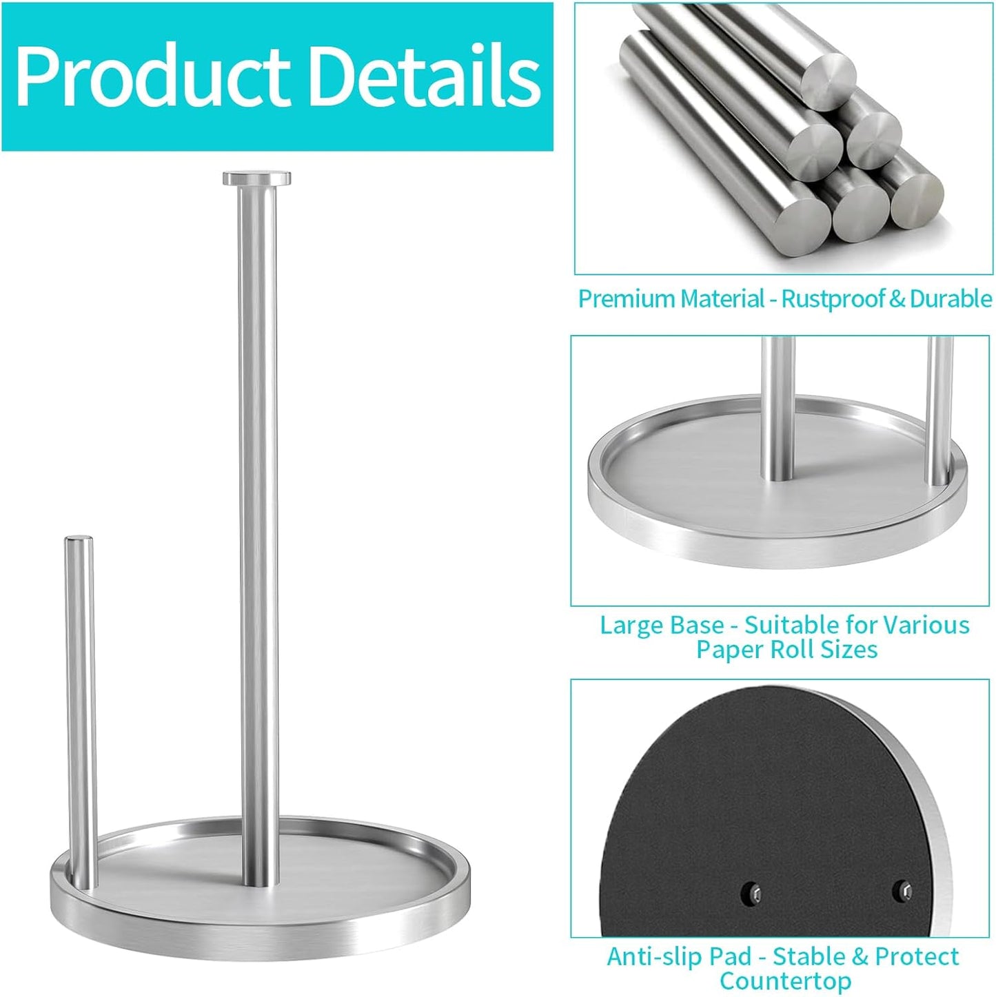 Paper Towel Holder Countertop, Standing Paper Roll Holder with Anti Slip Weighted Base, Stainless Steel Freestanding Paper Towel Holder for Kitchen, Silver