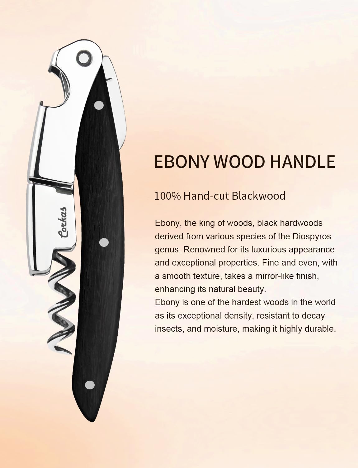 Wine Key - CORKAS Prestige Waiter Corkscrew with Ebony Handle, Handcrafted Wine Opener Manual with Double Hinged, Foil Cutter and Bottle Opener, Ideal Gifts for Sommelier, Bartenders, Servers