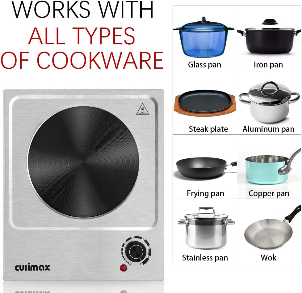 CUSIMAX Electric Hot Plates, 1500W Single Burner, Hot Plate for Cooking Electric Burner, Portable Countertop Burner, 7.4 "Stainless Steel Embedde Burner, For Home/Office/RV/Camp, Easy to Clean