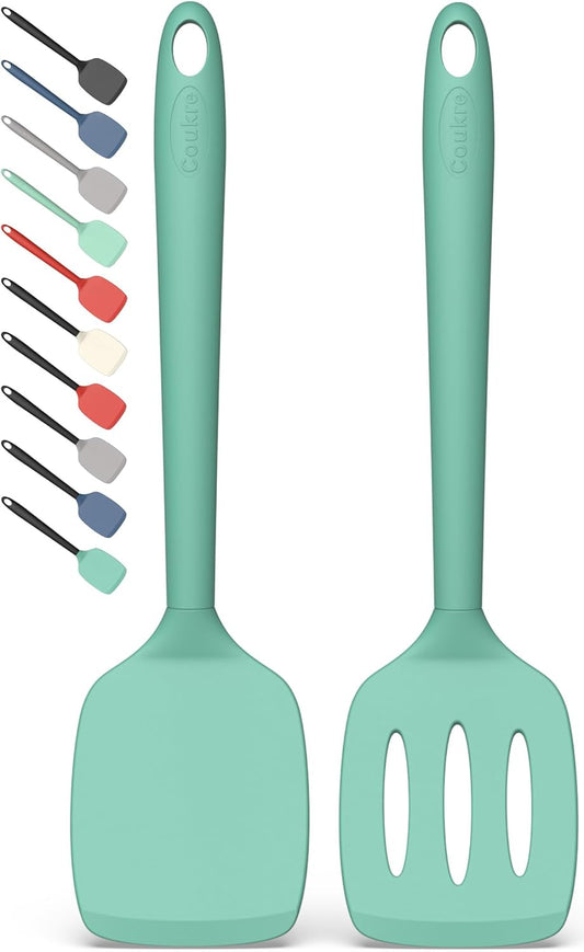 Coukre 2 Pack Silicone Spatula Set, High Heat Resistant, BPA Free Kitchen Spatula, Solid & Slotted Turner for Non-Stick Pans, Sautéing, and Flipping (2, PureAquaGreen)