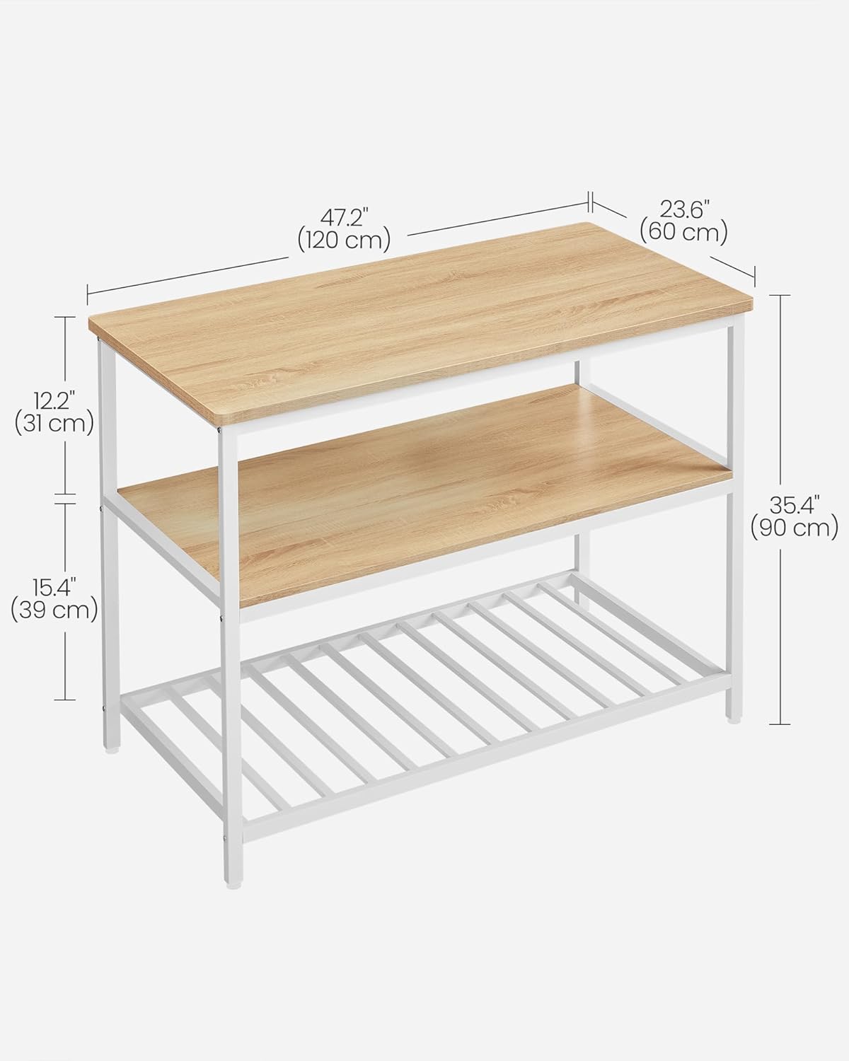 VASAGLE Kitchen Island with 3 Shelves, 47.2 Inches Width Kitchen Shelf with Large Worktop, Stable Steel Structure, Industrial, Easy to Assemble, Oak Color and White UKKI001W09
