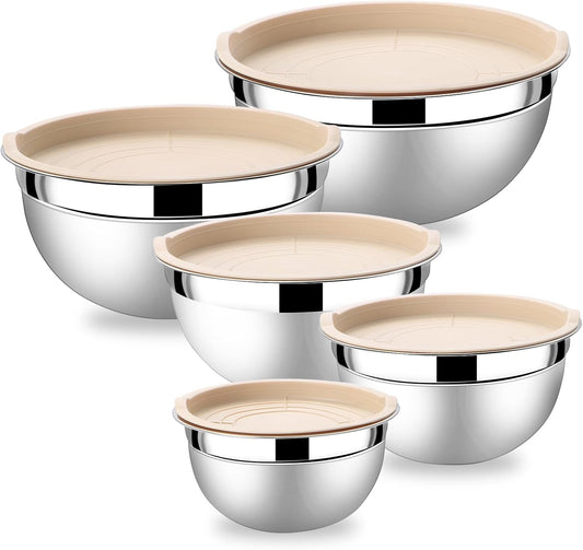 Lazycorner Mixing Bowls with Airtight Lids Set 5 Pcs Stainless Steel Bowls Set Baking Set Non-Slip Silicone Bottoms Great for Serving & Baking