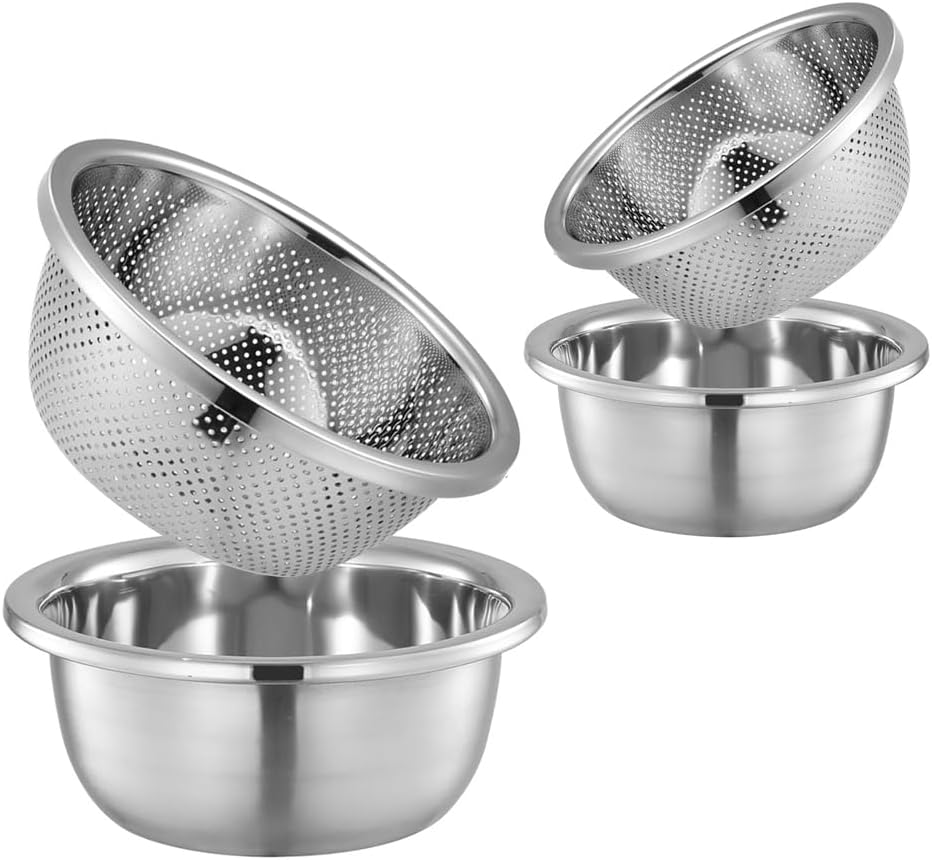 4-Piece Stainless Steel Mixing Bowls and Microporous Colanders Set, 3QT & 5QT Nesting Bowls with Fine Drain Strainers for Washing Rice, Fruits, Vegetables, Pasta, and More