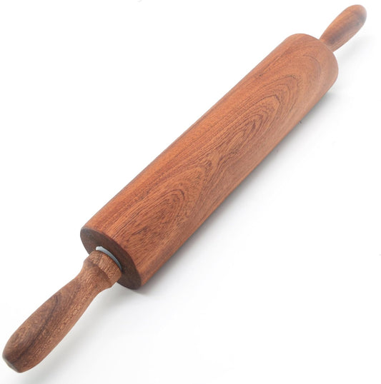 Classic Sapele Wooden Rolling Pin With Handles,Wood Baking Roller Large (17.3"L x 2.3"W)