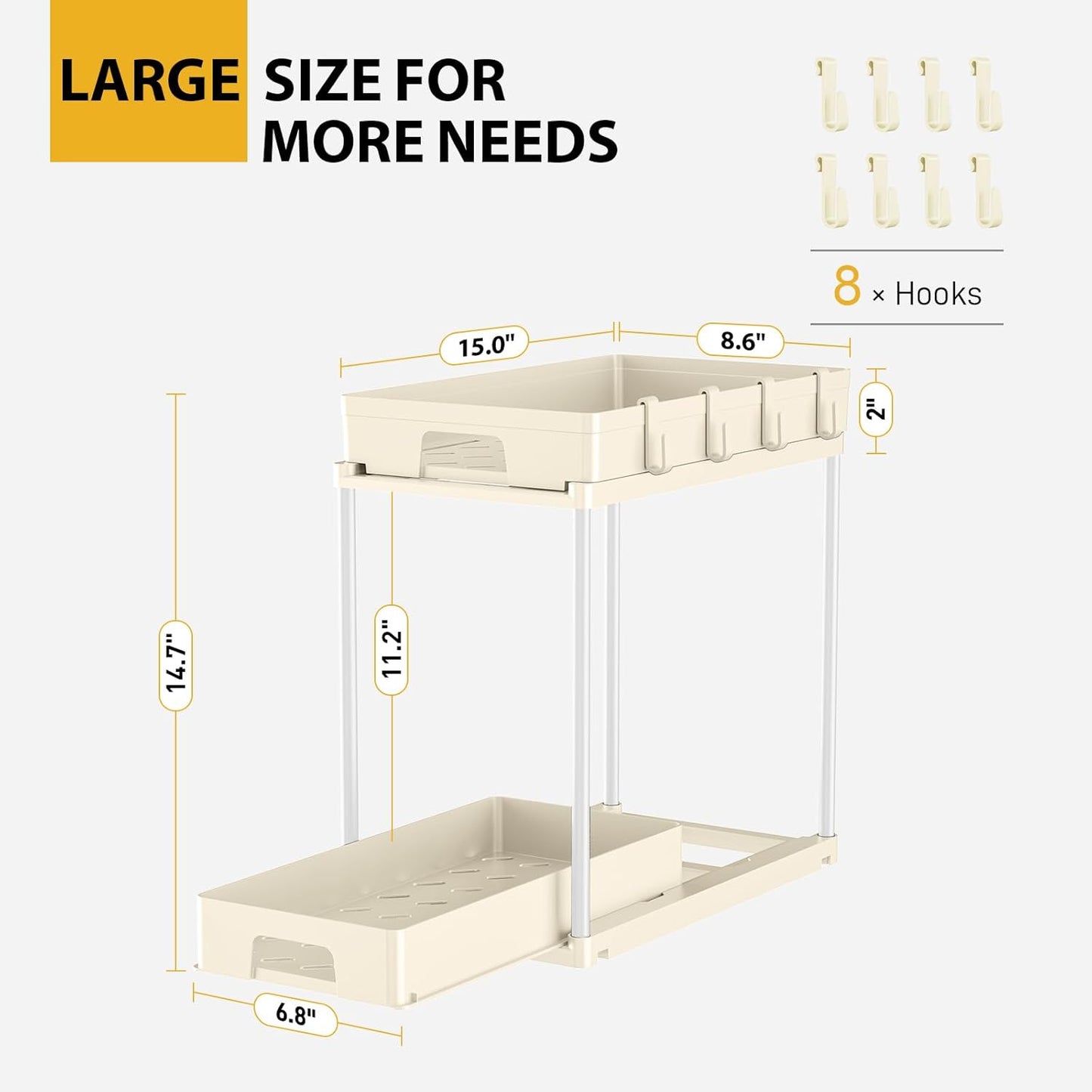 Delamu Under Sink Organizers and Storage, 2 Pack Pull Out Kitchen Bathroom Cabinet Organizer, 2 Tier Beige Under Sink Storage for Bathroom Kitchen