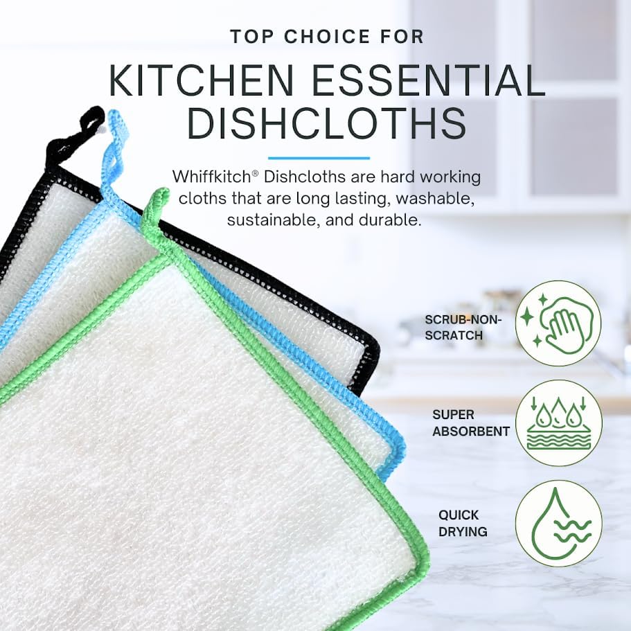 Whiffkitch Dish Cloths & Dish Towels for Kitchen - Reusable, Hygienic, Quick Drying, Durable Kitchen Washcloth, Absorbent, Scrub-Non-Scratch, 6x7 Inches Multi Color, 3 Pack