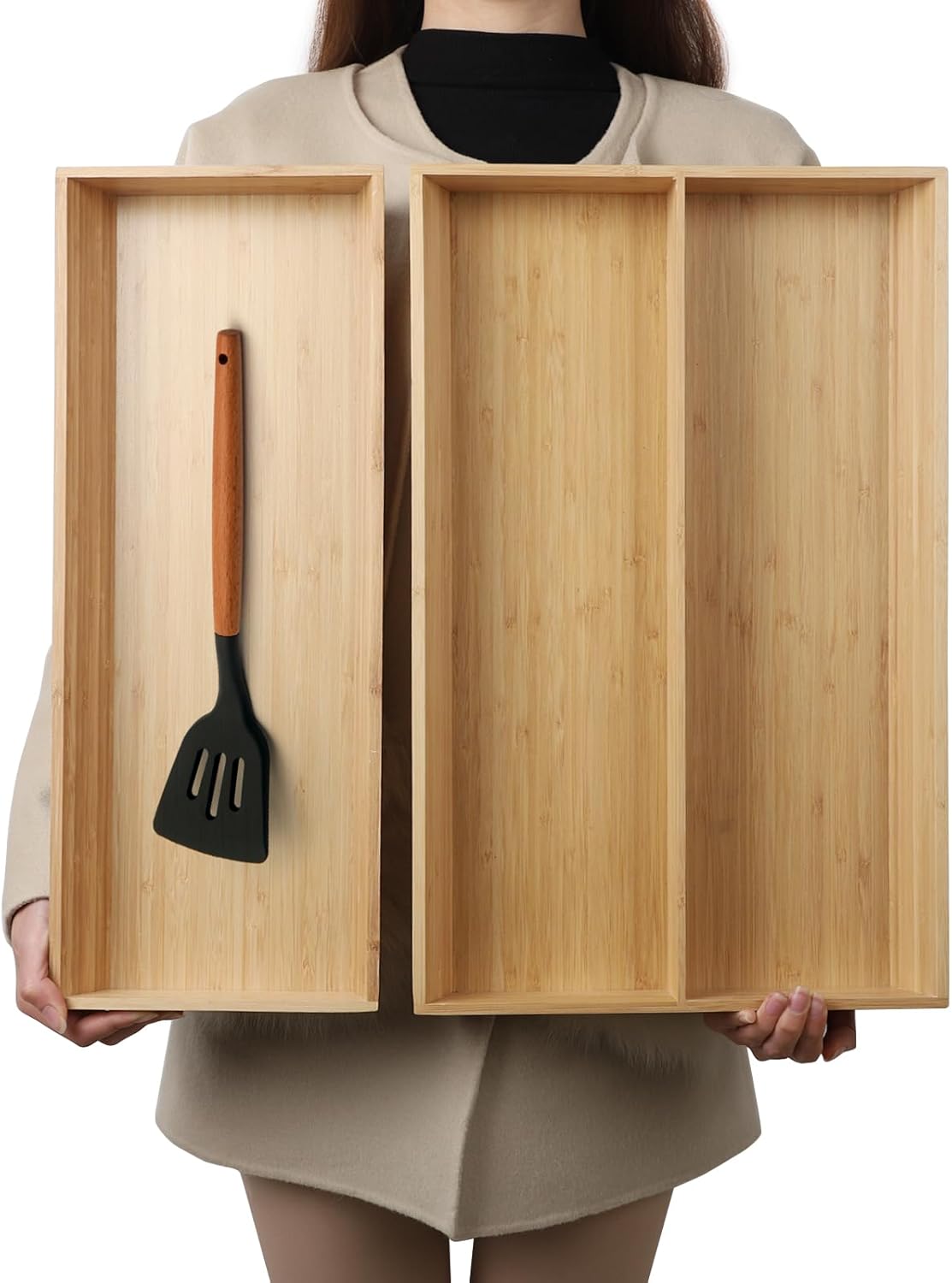 2-Piece V-Shaped Bamboo Drawer Organizer - Ideal for Kitchen's Large Long Tableware, Cooking Utensils, Flatware, Silverware - Wood Storage Box for Home, Bedroom, Bathroom (19.6"x12.4" & 19.6"x7.8")