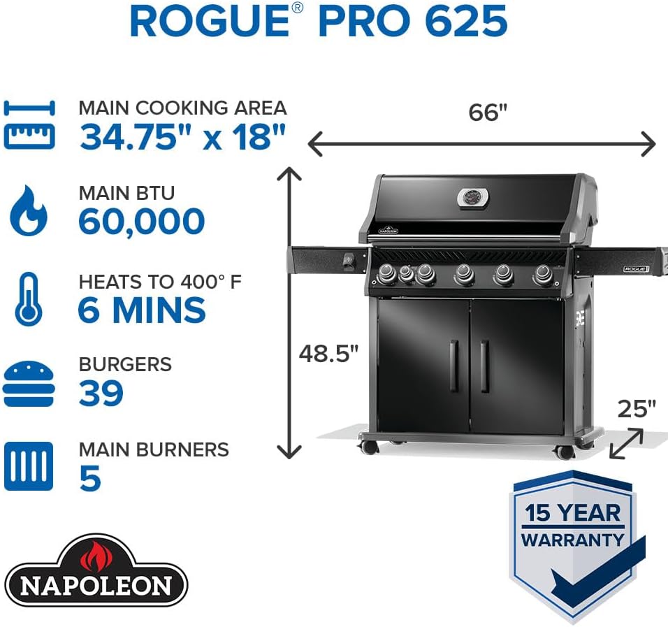 Napoleon Rogue PRO 625 Natural Gas Grill with Infrared Side Burner, Black, Durable 6-Burner Cooking Power
