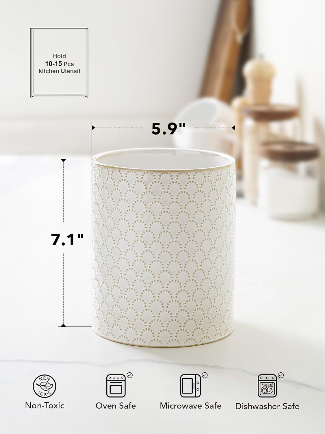 LE TAUCI Utensil Holder, 7.1" Ceramic Kitchen Utensil Holder for Counter top, Embossed Cooking Utensil Organizer for Spatula & Spoon, Kitchen Decor, Set of 1, Arctic White,Fireworks