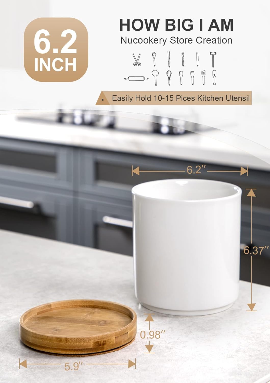 Nucookery 360° Rotating Utensil Holder, 7.2" Large Utensil Crock, White Ceramic Cooking Utensil Organizer with Countertop-Protection Cork Bottom for Farmhouse Kitchen Decor Christmas Gift (White)