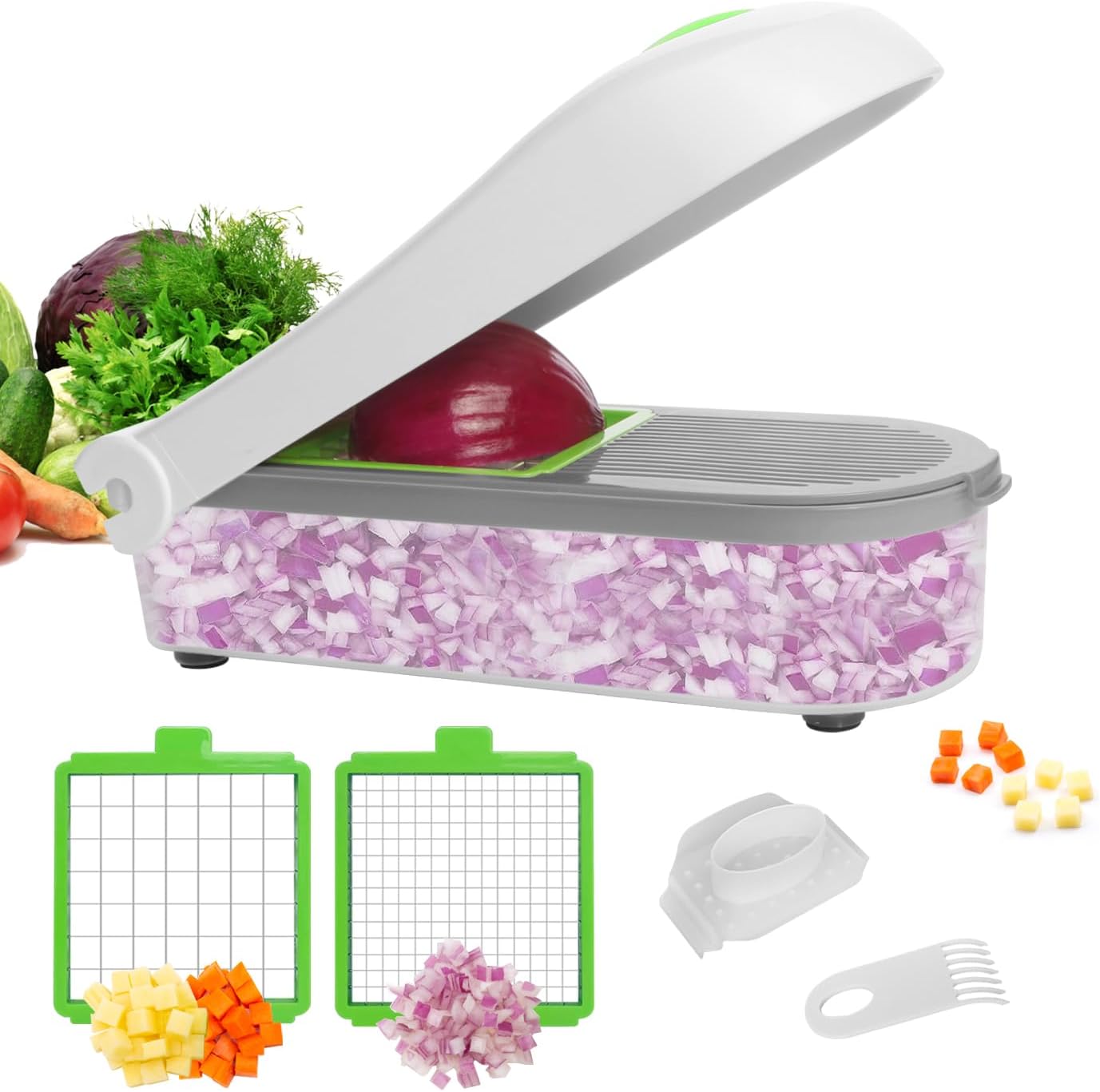 LHS Vegetable Chopper Slicer Veggie Dicer Cutter Multifunctional Food Chopper Onion Salad Potato Cutter with Container (2 in 1,White)