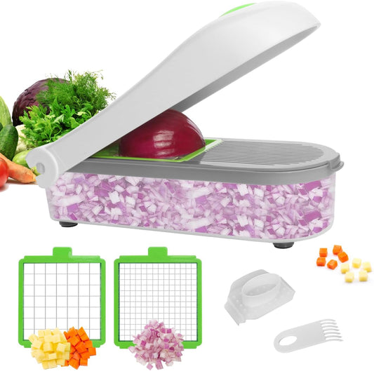 LHS Vegetable Chopper Slicer Veggie Dicer Cutter Multifunctional Food Chopper Onion Salad Potato Cutter with Container (2 in 1,White)