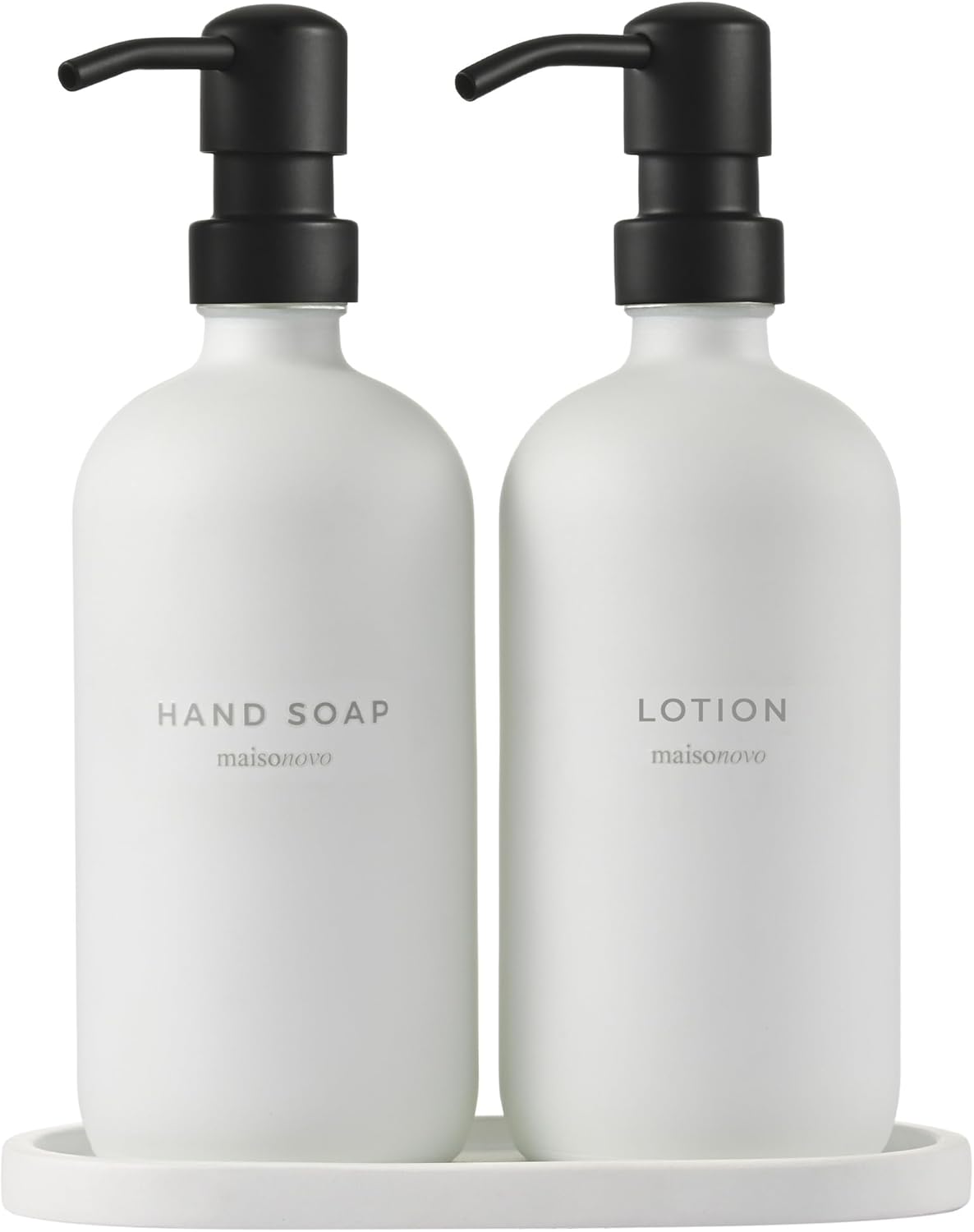 MaisoNovo Soap Dispenser 3-Piece Set | 16.9oz White Bottles with Black Stainless Steel Pumps