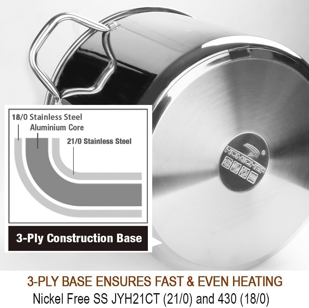 HOMICHEF 12 Quart LARGE Stock Pot with Glass Lid - NICKEL FREE Stainless Steel Healthy Cookware Stockpots with Lids 12 Quart - Mirror Polished Induction Pot - Commercial Grade Soup Cooking Pot