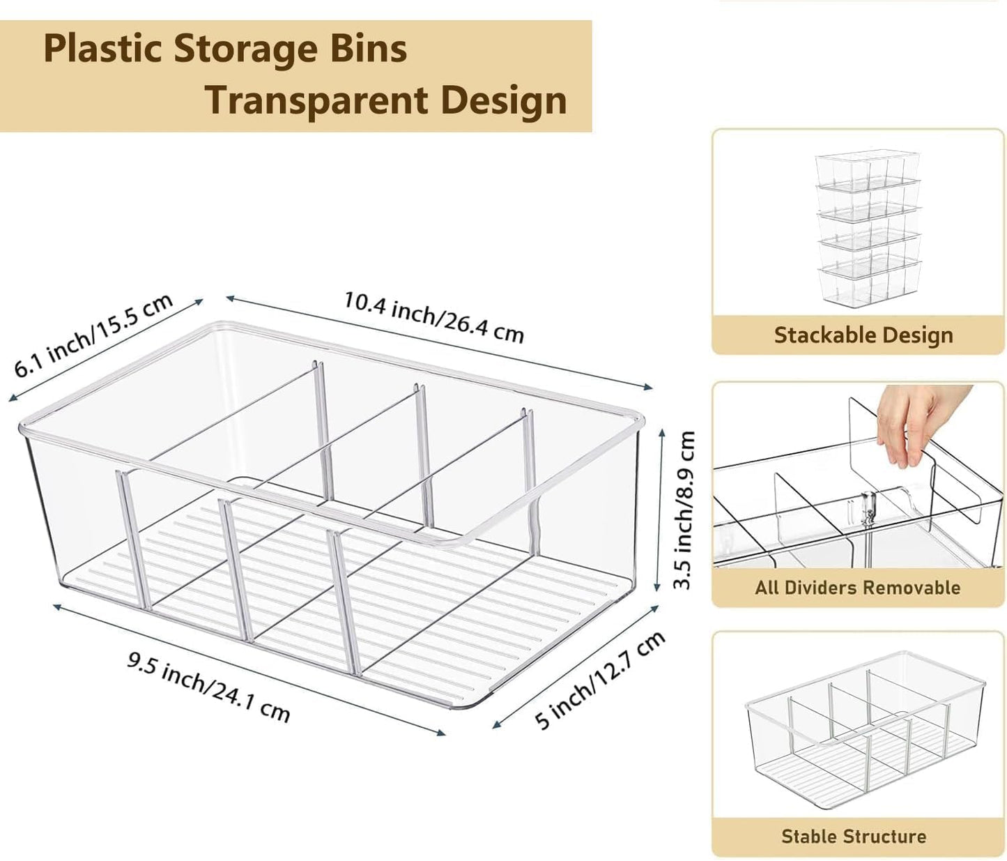 6 Pcs Clear Pantry Organizers and Storage,Plastic Storage Bins for Fridge with Removable Dividers, Kitchen Cabinet Organizers Ideal for Kitchen, Pantry, Refrigerator, Freezer, and Snack Storage