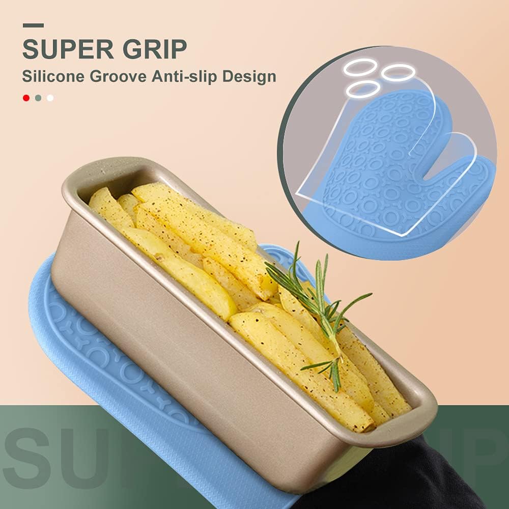 sungwoo Extra Long Silicone Oven Mitts, Heat Resistant Oven Gloves with Quilted Liner Non-Slip Textured Grip Perfect for BBQ, Baking, Cooking and Grilling - 1 Pair 14.6 Inch Sky Blue & Black