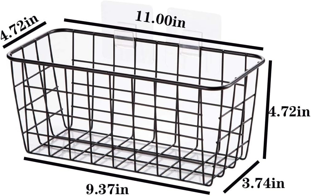2 Set Hanging Wall Basket Organizer Over the Cabinet Door Wire Baskets for Organizing -No Drilling Adhesive Wall Storage Basket, Space-Saving Hanging Baskets for Organizing Wall Mount Storage,Black