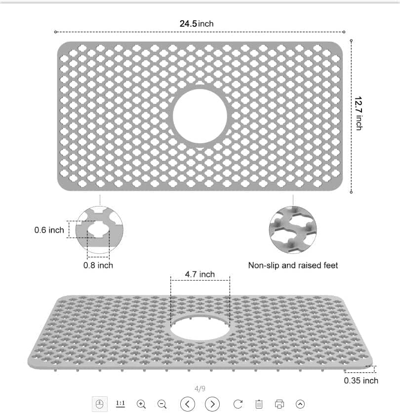 Kitchen Sink Protectors, 24x12 Heat Resistant Mat for Stainless/Porcelain Sink, No-Slip Grid (Grey)