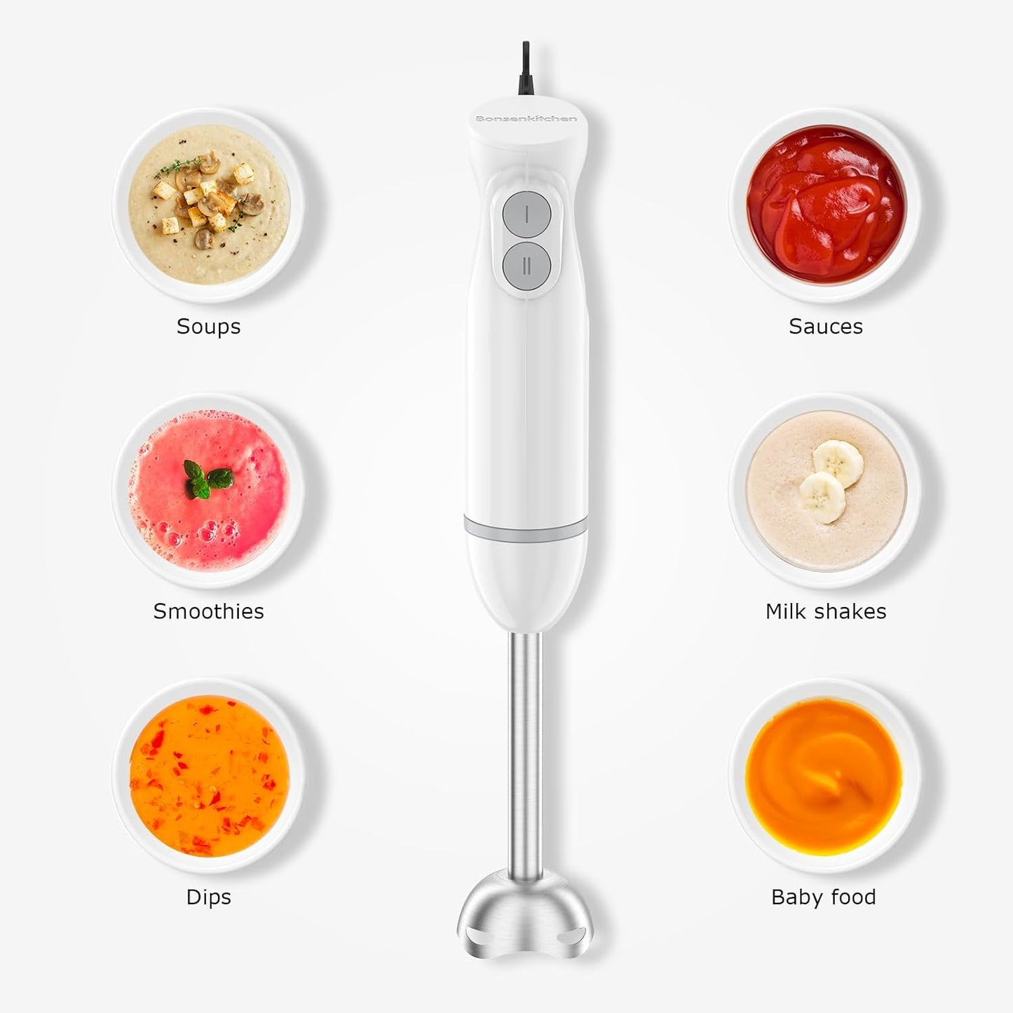 Bonsenkitchen Hand Blender, Immersion Blender with 2 Mixing Speed, 2-In-1 Hand Held Stick Mixer with Beaker for Soups, Smoothies, Sauce, White