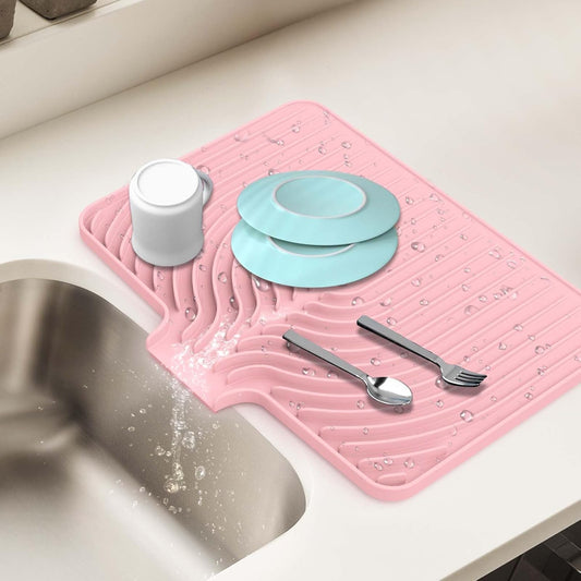 Silicone Dish Drying Mat for Kitchen Counter with Built-in Drain, Easy Clean Pad for Countertop Protection, Fast Self-Draining Slope, Non-Slip, Multiple Use 17.7 x 11.8 Inch (Pink)